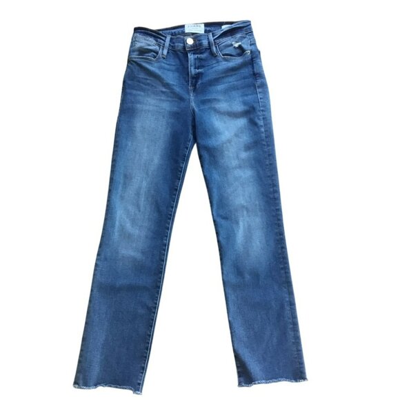 Frame Denim Le High Straight Jeans Size 26 Medium Wash Distressed Raw Hem Made I - Picture 3 of 7